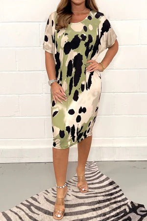 Robe midi femme – Coupe décontractée – Imprimé aquarelle – Manches courtes