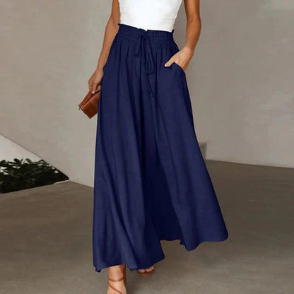 Pantalon femme large – Taille haute – Coton respirant – Ceinture élastique à lien