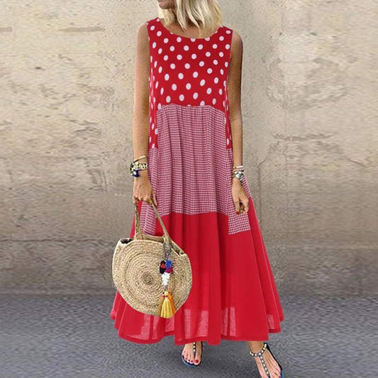 Robe femme sans manches – Coupe évasée – Longue – Motifs pois et carreaux