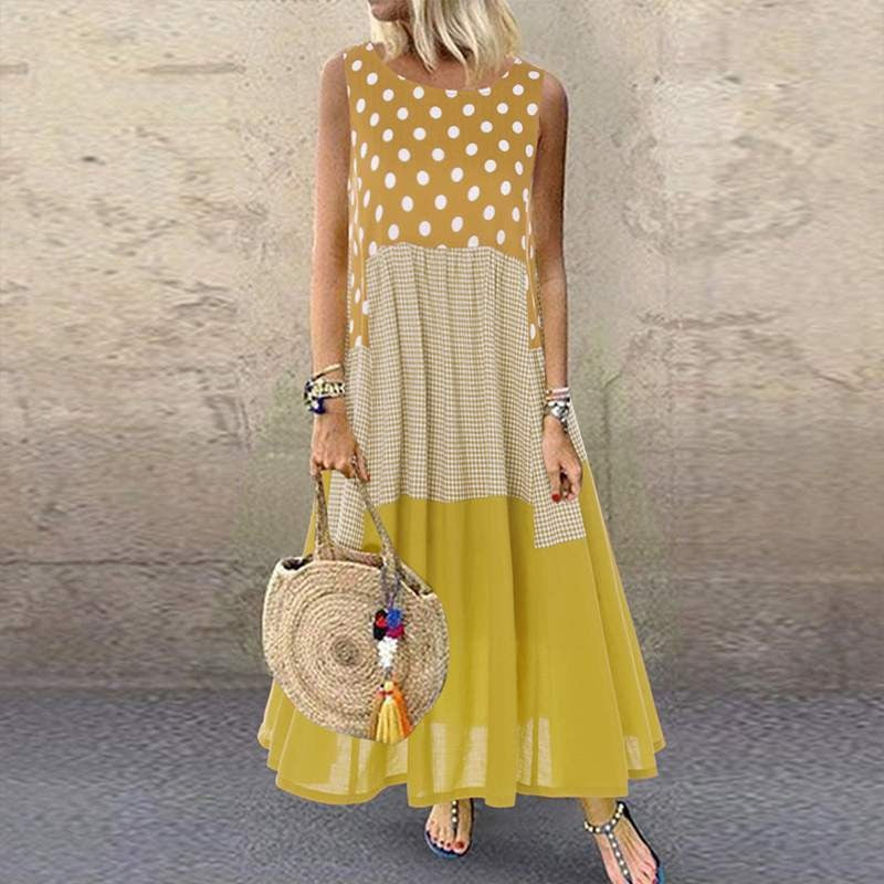 Robe femme sans manches – Coupe évasée – Longue – Motifs pois et carreaux