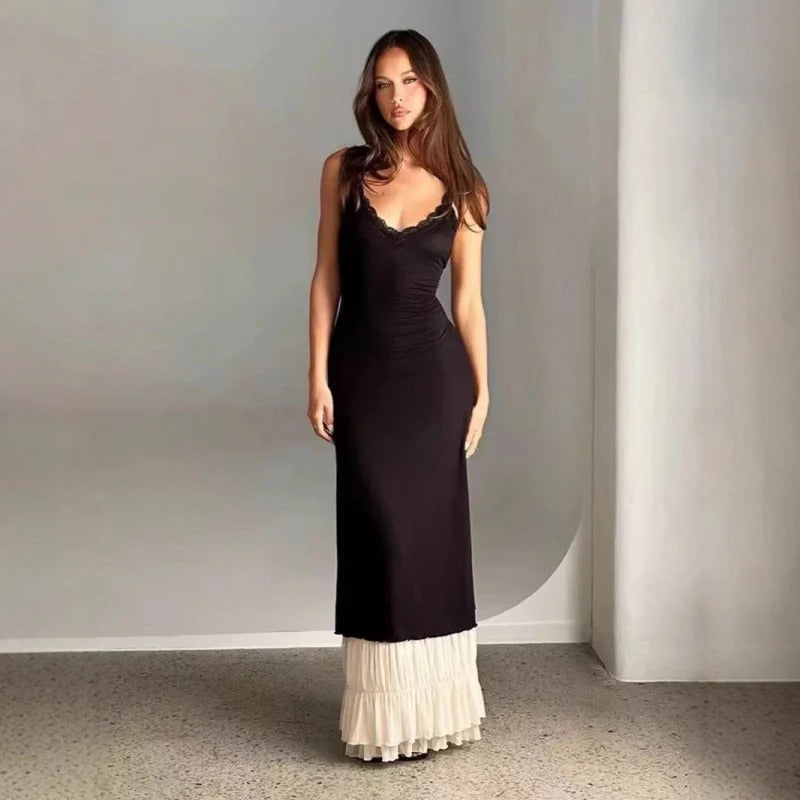 Robe longue femme – Coupe slim – Encolure dentelle – Sans manches – Ourlet à volants