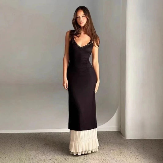 Robe longue femme – Coupe slim – Encolure dentelle – Sans manches – Ourlet à volants