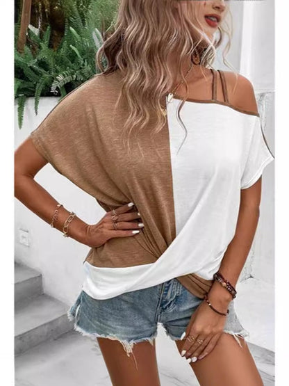 T-shirt femme – Coupe décontractée – Épaules dénudées – Détail nœud – Colorblock