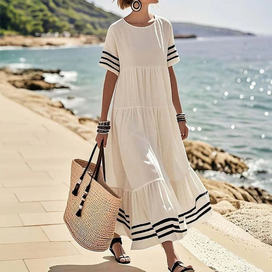 Robe longue femme – Cotton – Coupe ample – Col rond – Volants – Finitions rayées