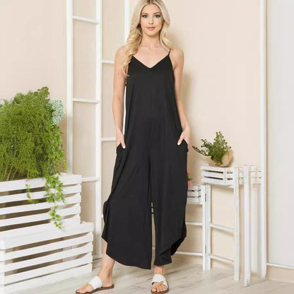 Combinaison Femme – Coupe Ample – Coton – Sans Manches – Col V – Pantalon Large – Poches