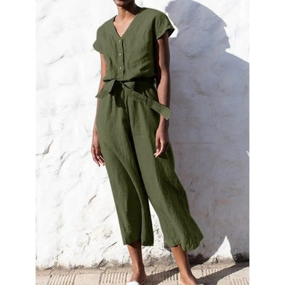 Combinaison femme – Col en V – Coton – Manches courtes – Coupe fluide – Jambe raccourcie