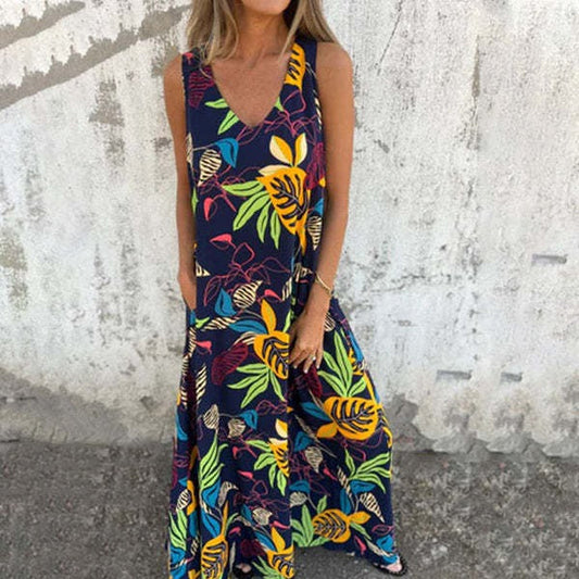 Robe femme sans manches – Coupe ample – Longue – Décolleté en V – Motif feuillage – Coton