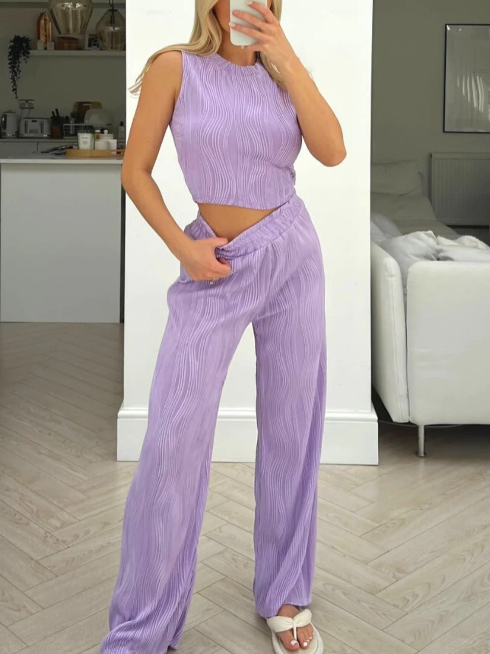 Ensemble femme deux pièces – Crop top sans manches ajusté – Pantalon taille haute fluide