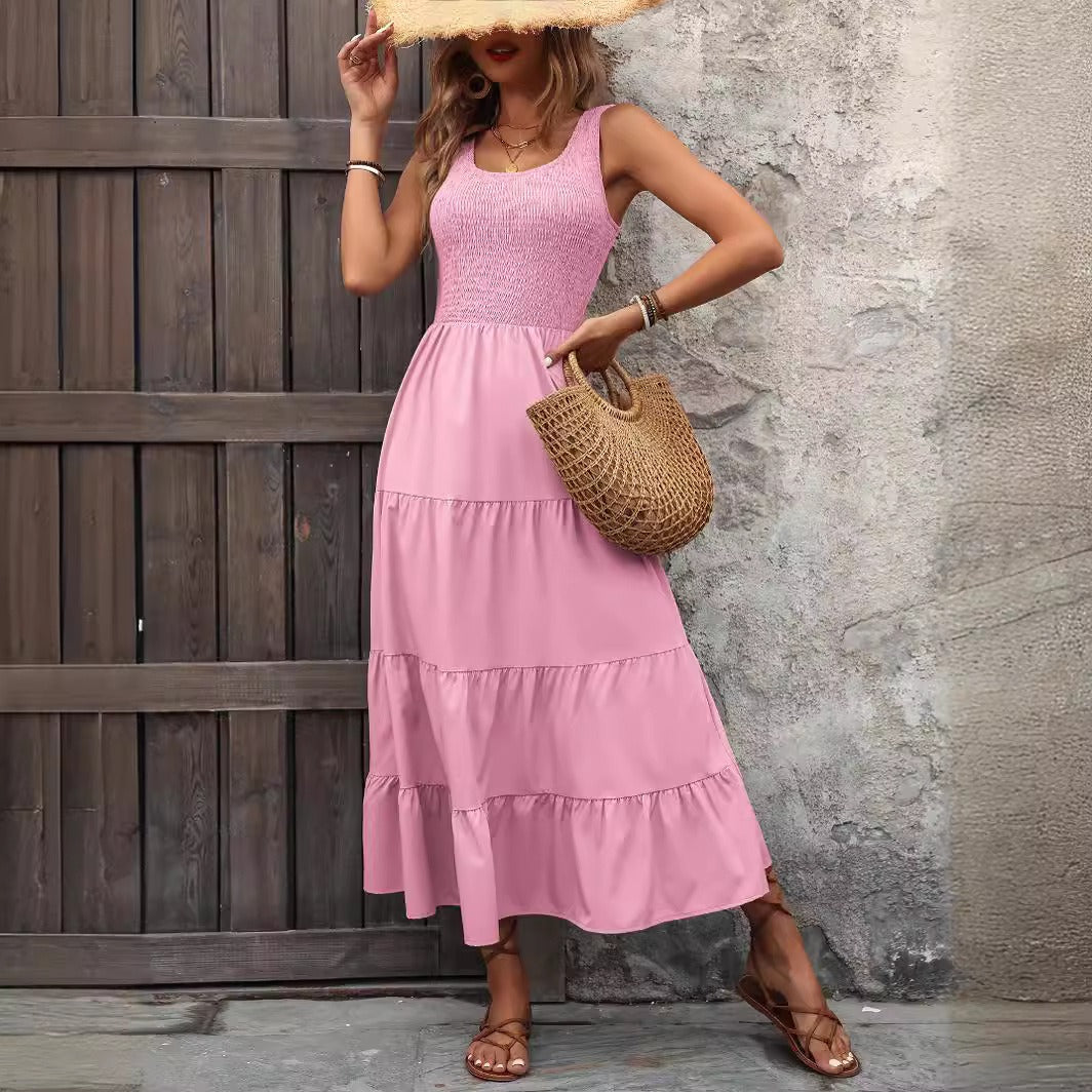 Robe femme midi – Coupe évasée – Corsage smocké – Bretelles fines – Jupe plissée