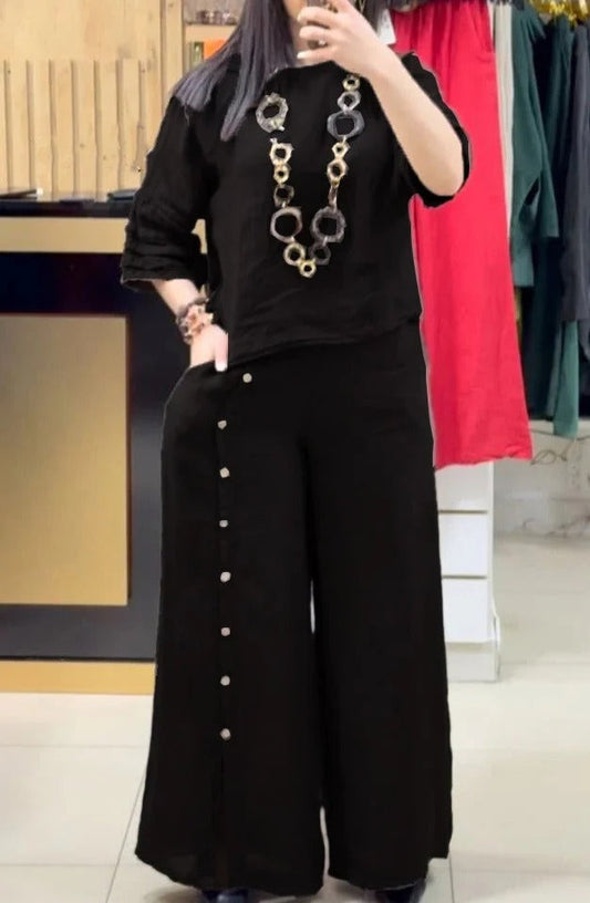 Ensemble Femme – Haut Linnen Coupe Ample – Pantalon Large à Boutons Décoratifs