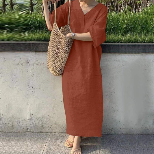 Robe longue femme – Lin et coton – Coupe ample – Manches courtes – Col en V