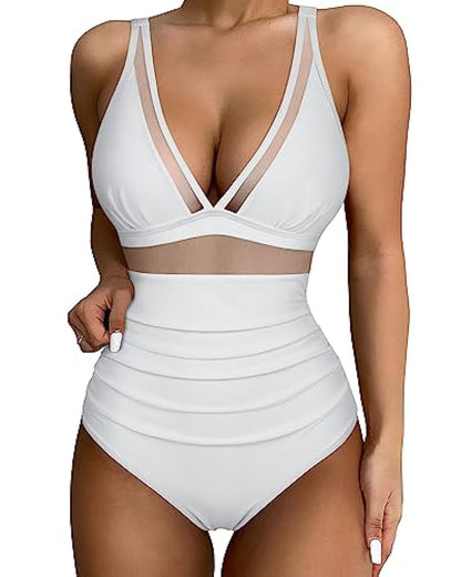 Maillot de bain femme – Coupe moulante – Décolleté plongeant – Détails en mesh respirants