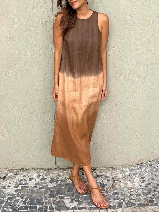 Robe midi femme – Coupe décontractée – Sans manches – Fibres naturelles – Fente côté