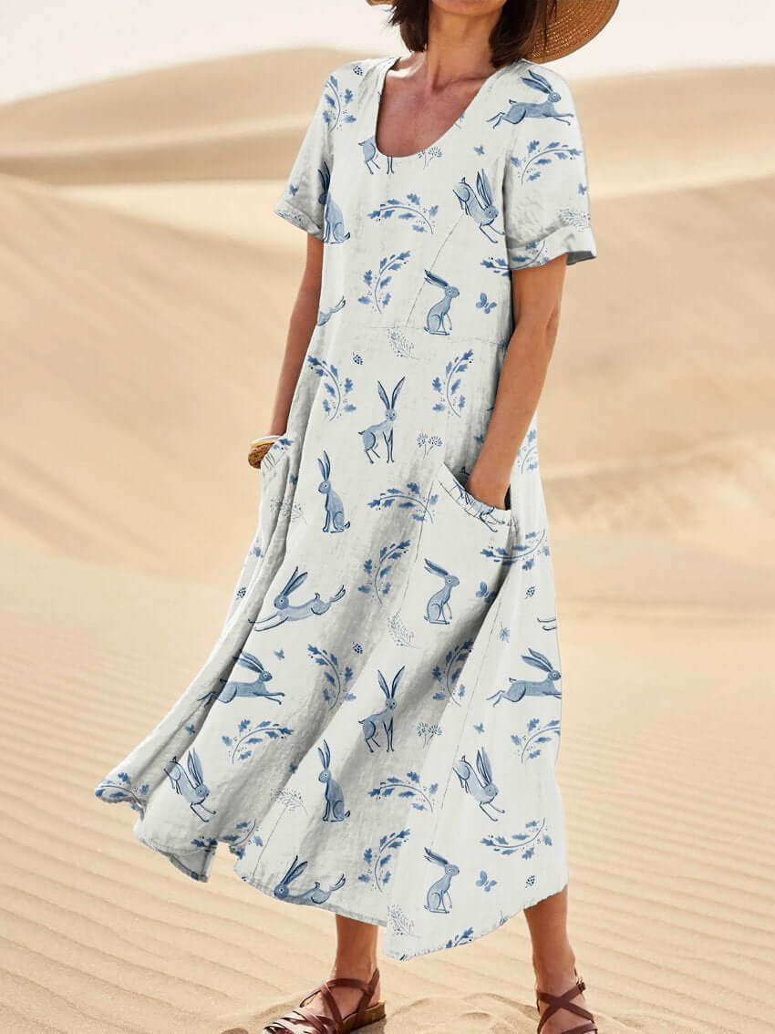 Robe midi femme – Coupe décontractée – Manches courtes – Col rond – Motif artistique – Fibres naturelles – Avec poches