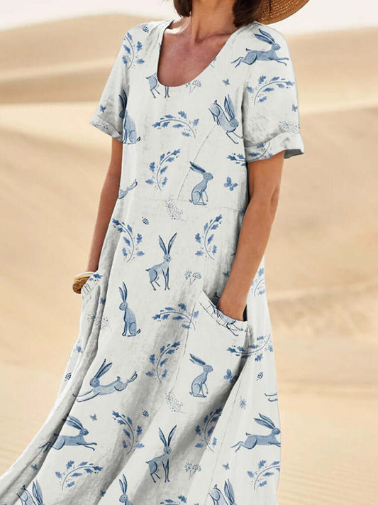 Robe midi femme – Coupe décontractée – Manches courtes – Col rond – Motif artistique – Fibres naturelles – Avec poches