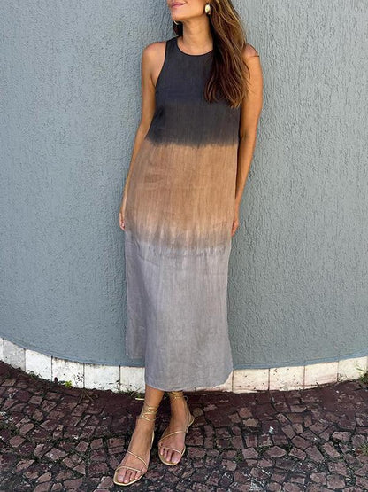 Robe midi femme – Coupe décontractée – Sans manches – Fibres naturelles – Fente côté
