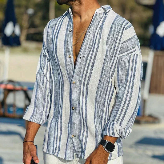 Chemise homme décontractée – Coupe ample – Rayures verticales – Fibres naturelles respirantes
