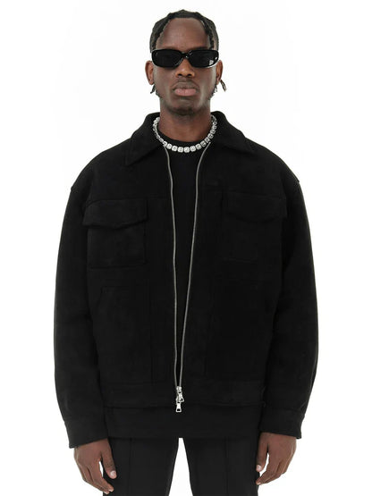 Veste homme – Coupe oversize – Finition suédée – Fermeture zippée – Poches poitrine