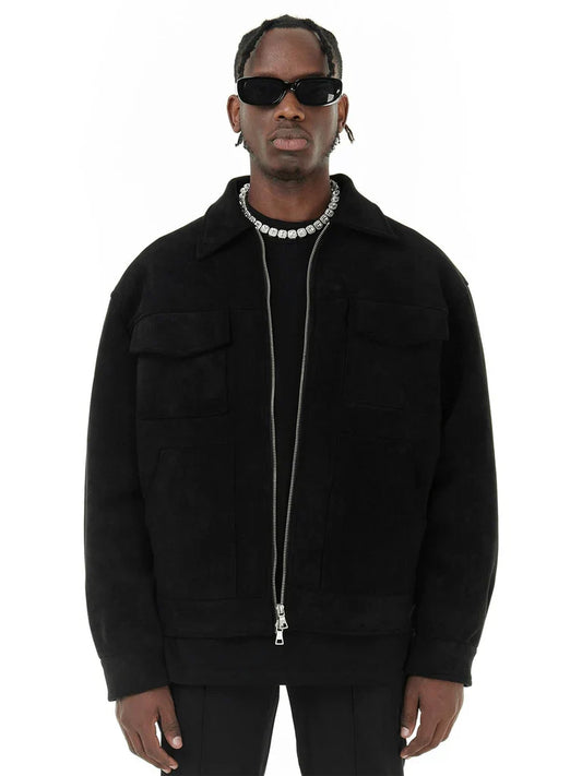 Veste homme – Coupe oversize – Finition suédée – Fermeture zippée – Poches poitrine