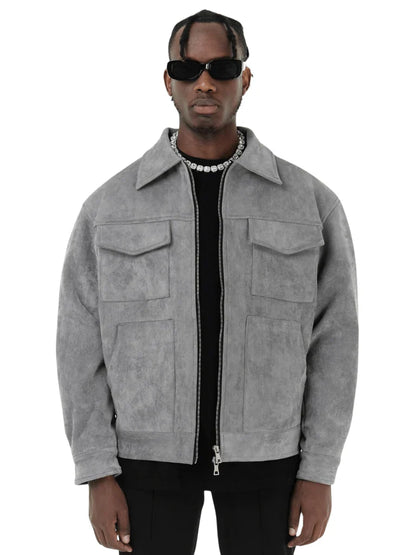 Veste homme – Coupe oversize – Finition suédée – Fermeture zippée – Poches poitrine