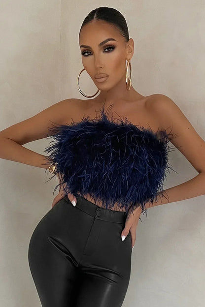 Top sans bretelles pour femmes – Coupe ajustée – Texture effet plumes – Style court élégant