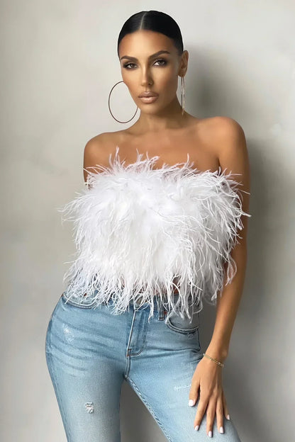 Top sans bretelles pour femmes – Coupe ajustée – Texture effet plumes – Style court élégant