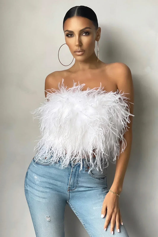 Top sans bretelles pour femmes – Coupe ajustée – Texture effet plumes – Style court élégant