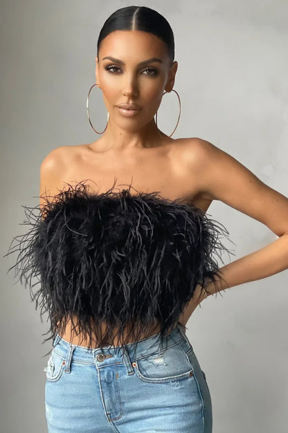 Top sans bretelles pour femmes – Coupe ajustée – Texture effet plumes – Style court élégant