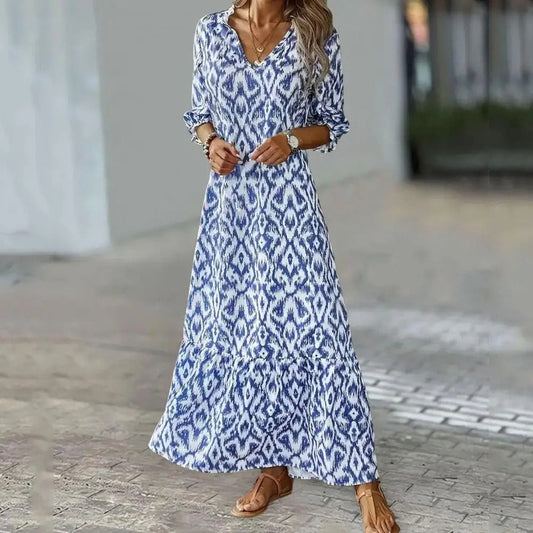 Robe longue femme – Coupe fluide – Motif Ikat – Col V – Manches 3/4 – Tissu léger