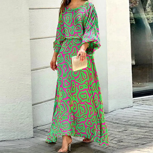 Robe longue femme – Coupe fluide – Manches larges – Encolure ronde – Tissu respirant