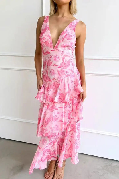 Robe longue femme – Coupe ajustée – Décolleté en V – Jupe à volants – Tissu luxe