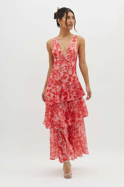 Robe longue femme – Coupe ajustée – Décolleté en V – Jupe à volants – Tissu luxe