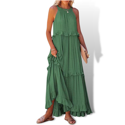 Robe longue femme – Coupe fluide – Col halter – Volants – Fibres naturelles respirantes