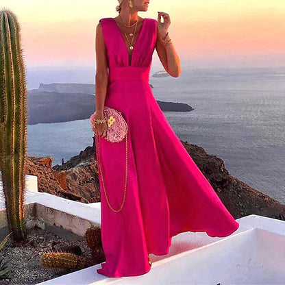 Robe longue femme – Coupe fluide – Sans manches – Décolleté plongeant – Motif floral