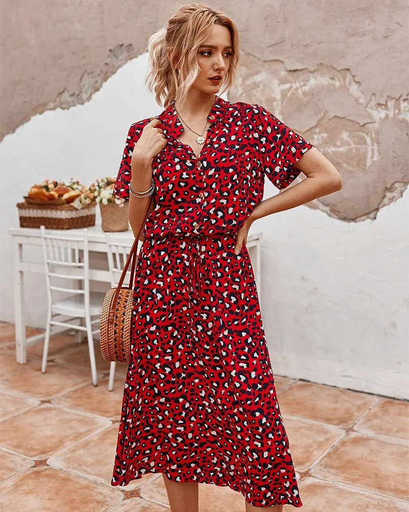 Robe midi femme – Coupe décontractée – Tissu respirant – Boutonnée – Manches courtes
