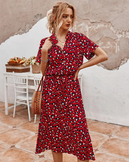 Robe midi femme – Coupe décontractée – Tissu respirant – Boutonnée – Manches courtes