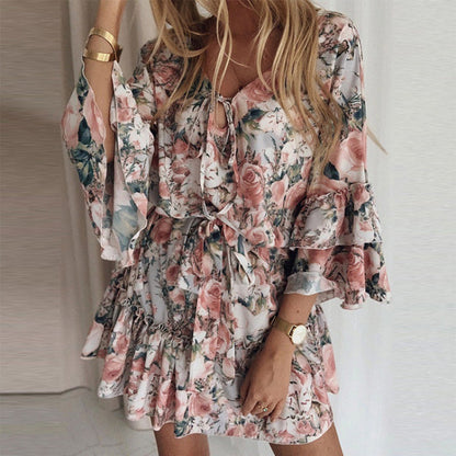 Combinaison Femme – Imprimé Fleuri – Manches Évasées – Taille Nouée – Coupe Fluide