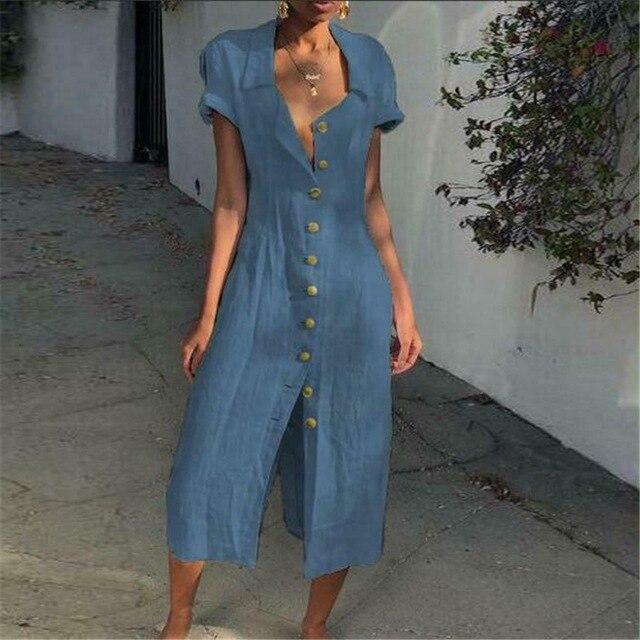 Robe Midi Femme – Coupe Ample – Tissu Respirant – Manches Courtes – Boutonnée