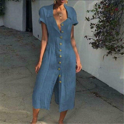 Robe Midi Femme – Coupe Ample – Tissu Respirant – Manches Courtes – Boutonnée