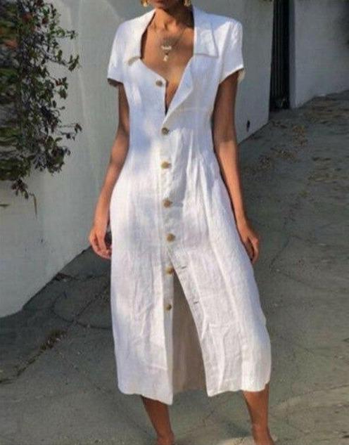 Robe Midi Femme – Coupe Ample – Tissu Respirant – Manches Courtes – Boutonnée