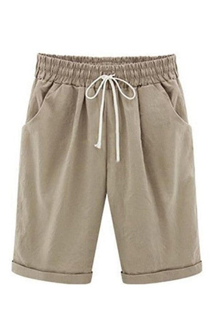 Short femme – Coupe ample confortable – Taille élastique à cordon – Longueur genou – Poches latérales pratiques