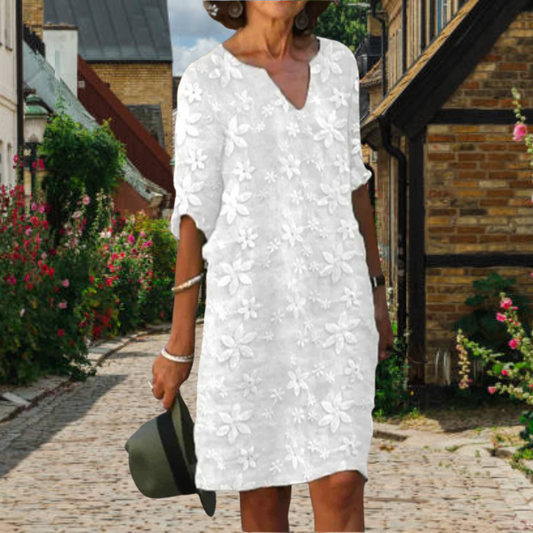 Robe femme – Coupe décontractée – Longueur genou – Col en V – Broderie florale