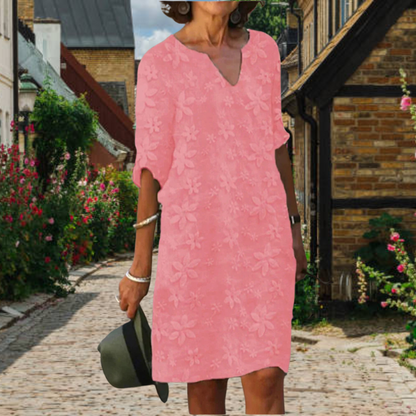 Robe femme – Coupe décontractée – Longueur genou – Col en V – Broderie florale
