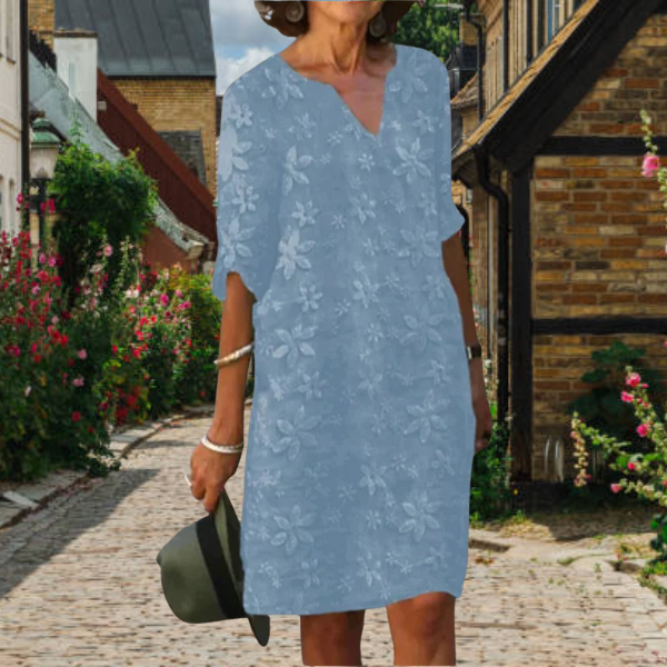 Robe femme – Coupe décontractée – Longueur genou – Col en V – Broderie florale