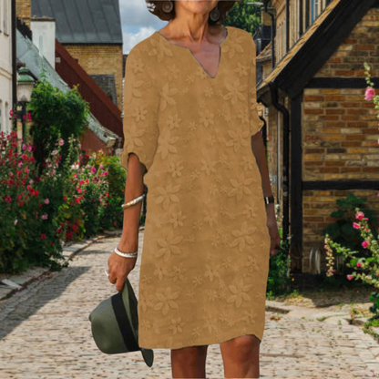 Robe femme – Coupe décontractée – Longueur genou – Col en V – Broderie florale