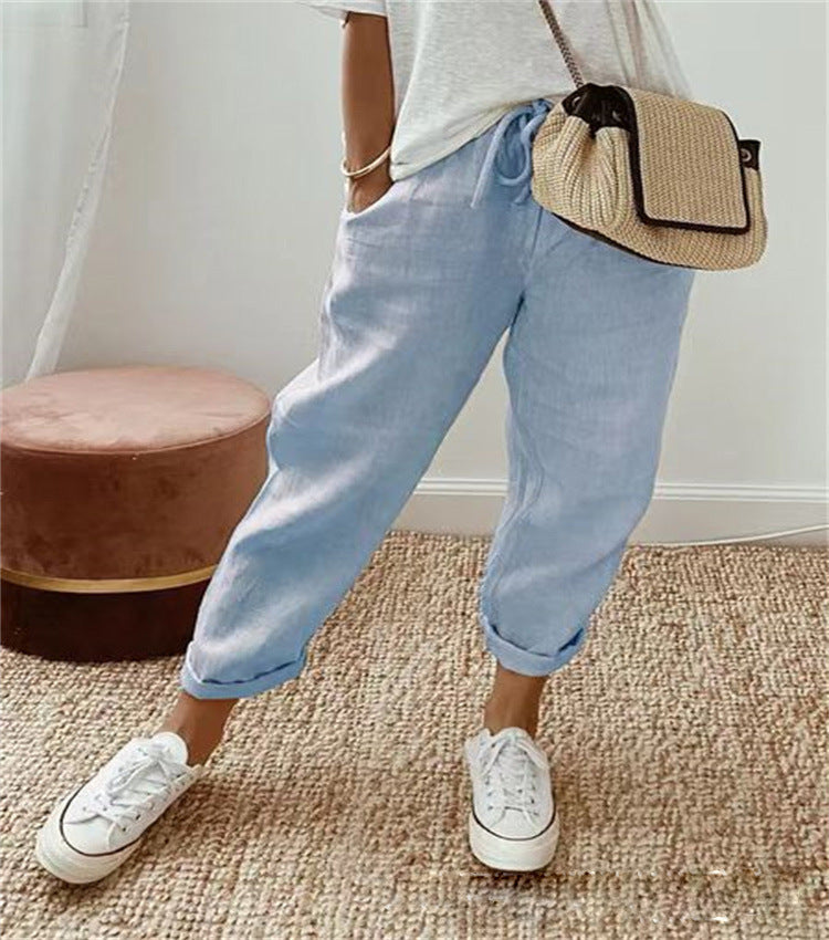 Pantalon femme – Coupe décontractée – Fibres naturelles – Taille cordon – Imprimé abstrait