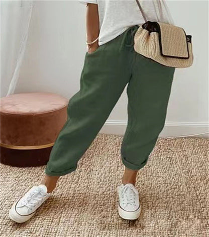 Pantalon femme – Coupe décontractée – Fibres naturelles – Taille cordon – Imprimé abstrait