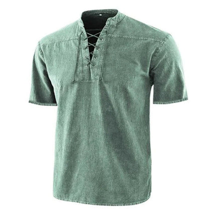 Men's shirt – Relaxed fit – Retro lace-up collar – Short breathable sleeves