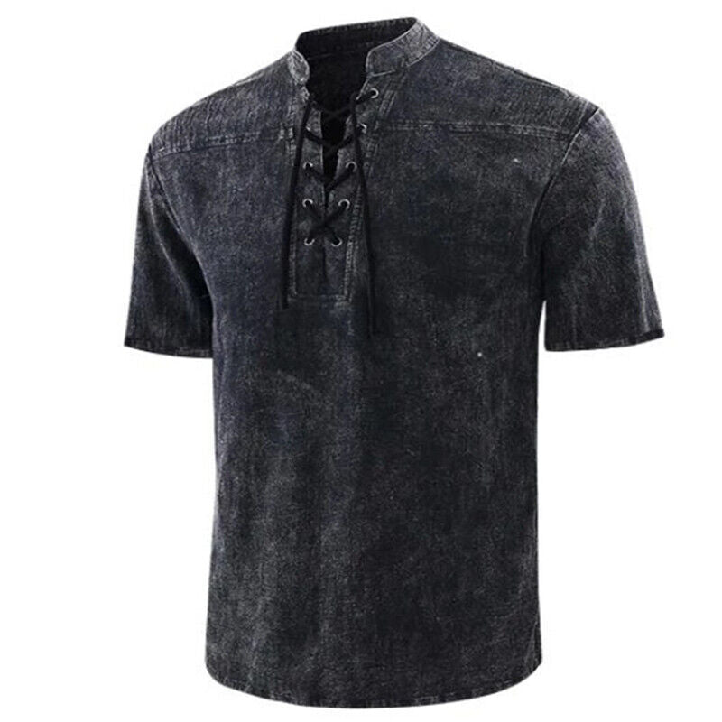Men's shirt – Relaxed fit – Retro lace-up collar – Short breathable sleeves