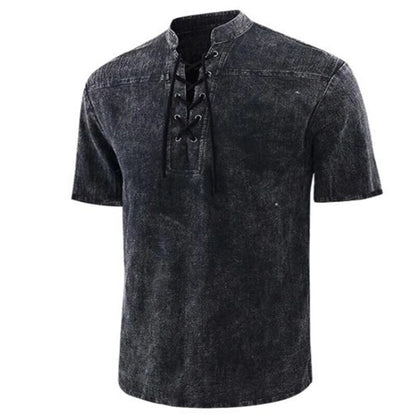 Men's shirt – Relaxed fit – Retro lace-up collar – Short breathable sleeves